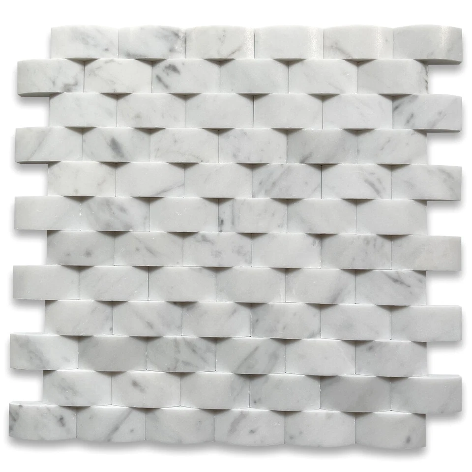 C63DH Carrara White Marble 3d Cambered 1x2 Brick Curved Arched Mosaic Tile Honed
