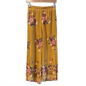 Forgotten Grace Womens Mustard Yellow Embroidered Floral Wide Leg Pants Size M - Picture 1 of 6