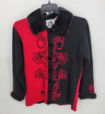 Storybook Knits Cardigan Sweater Womens Medium Red Black Holiday Faux Fur Collar - Image 1 of 4