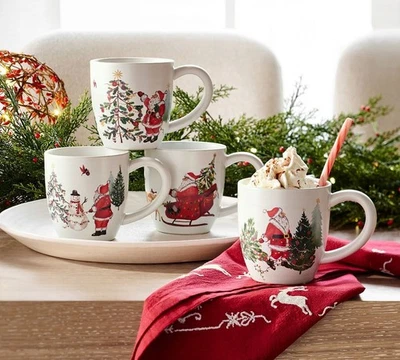 pottery barn Christmas Country Santa Mug Coffee Cup holiday Snowman gift SET 4. - Image 1 of 4