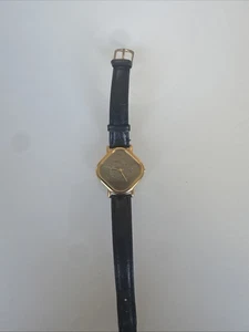 Vintage Gold Face Uhr mit schwarzem Lederband cooles Zifferblatt Design - Bild 1 von 3