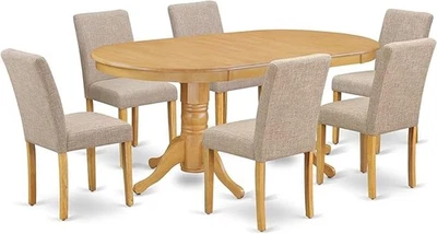 East West 家具 7 件套 Dinette 椭圆形桌带叶子和 6 张棕褐色椅子,橡木 — 第 1/4 张图片