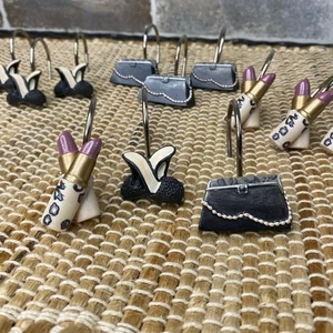 Vtg Resin Set of 12 Dress to Thrill Shower Curtain Hooks, lipstick, purse, shoes - Picture 1 of 9