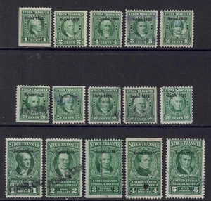 US Scott RD313/RD329, mix of 15, 1c/$5 “Series 1950” Stock Transfer Greens cj106 - Picture 1 of 2
