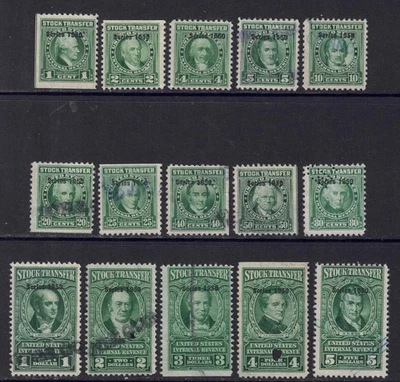 US Scott RD313/RD329, mix of 15, 1c/$5 “Series 1950” Stock Transfer Greens cj106 - Image 1 of 2