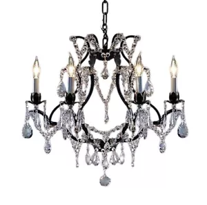 Black Wrought Iron & Crystal Chandelier Modern Farmhouse Perfect For Dining Room - Picture 1 of 10