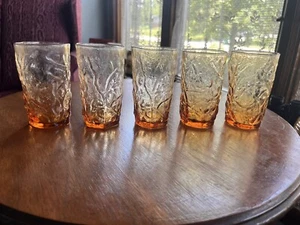 Vtg Seneca Morgantown Crinkle Glass 5 Tumblers Amber Orange Driftwood 4”x 2.5” - Picture 1 of 13