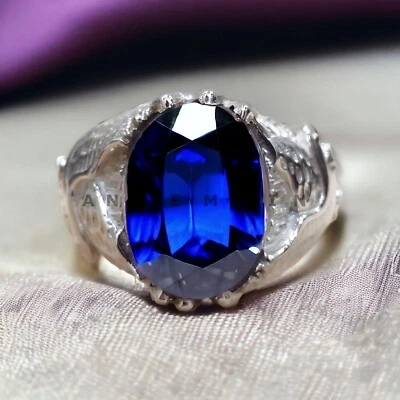 Piedras preciosas de zafiro azul con anillo de plata de ley 925 para hombre #AL415 Foto 1 de 4