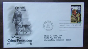 Saluting Crime Prevention, Washington, DC 1984 20 Cent Stamp FDC McGruff the Dog - Picture 1 of 2