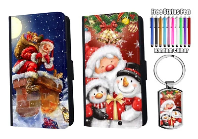 Merry Christmas Snowman Flip Leather Wallet Case iPhone Samsung + Keyring - Image 1 of 4