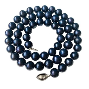16 Inch Choker Genuine 9-10mm ROUND Black Pearl Necklace Cultured Freshwater - Picture 1 of 7