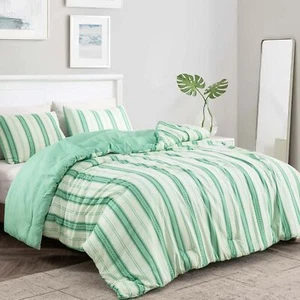 Manta de cama tamaño queen, juego de edredón estampado tiras verdes 88*92" lavado a máquina - Imagen 1 de 5