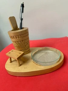 Vintage NEU geschnitztes Holz Schreibtisch Zubehör Stift & Getränkehalter Glaseinsatz Filz Unterseite - Bild 1 von 9