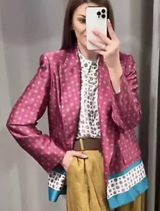 ZARA PINK PRINTED SATIN BLAZER LAPEL COLLAR SIZE M REF. 3215/208 - Picture 1 of 18