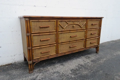 Hollywood Regency Faux Bamboo Caned Long Dresser Sideboard Bathroom Vanity 2959 Cover