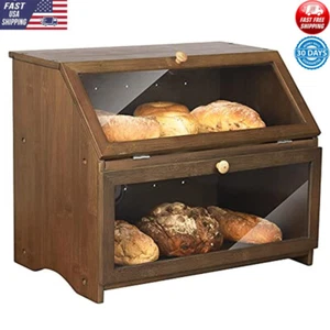 Large Double Layer Bread Box Kitchen Storage Freshness Keeper Wood Container Bin - Picture 1 of 7