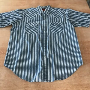 Ely Plains Shirt Men L Blue Striped Snap Button Up Pocket Western Short Sleeve - Picture 1 of 10