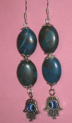 EVIL EYE-HAMSA HAND EARRINGS w/ BLUE GEM STONE BEADS-HANDCRAFTED - Image 1 of 2