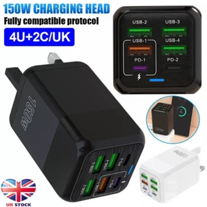 USB C Plug 150W 6-Port Fast Charger Plug UK Dual Port PD Power Adapter QC Multi - Picture 1 of 12