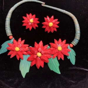 Vintage Hawaii geschnitzte Holz Blume Halskette & Ohrringe Set klobig detailliert - Bild 1 von 4