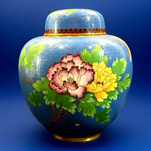 Antique Japanese Cloisonné Lidded Ginger Jar–Early 20th C. Blue Floral Motif 8" - Picture 1 of 15
