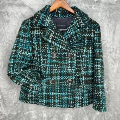 Chaqueta de tweed Banana Republic Petite M verde turquesa negra a cuadros abrigo de guisante Foto 1 de 4