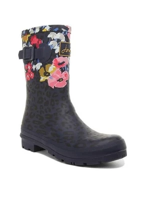 Joules Molly Welly 花卉豹纹雨靴海军蓝 5 码女式全新 — 第 1/4 张图片