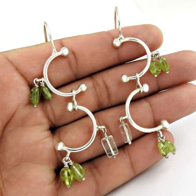 Natural Peridot Solid Sterling Silver Birthday Dangle Drop Heart Chakra Earrings - Image 1 of 4
