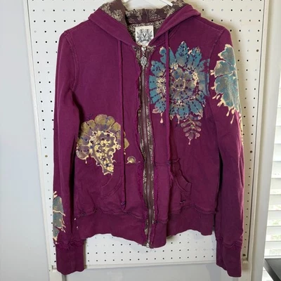 Miss Me Zip Up Hoodie Women's Large Deep Magenta Floral Cotton Long Sleeve VTG - Image 1 of 4