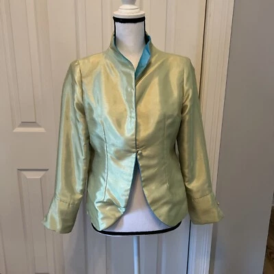 Chaqueta Grace Chuang New York XS Frente Abierto Verde Seda Azul Nudo Botón Foto 1 de 4