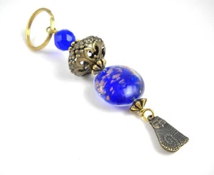 Large Blue GoldFoil Bead Key Chain Gold Tone Split Ring Cat Charm HandMade New 8 - Picture 1 of 4