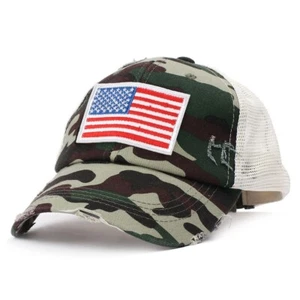 Camo Distressed Ponytail American Flag Distressed Trucker Hat - USA - Adjustable - Picture 1 of 1