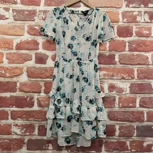 Simply Vera Wang Dress Womens XS White Blue Floral Sheer Ruffle Popover - Picture 1 of 8