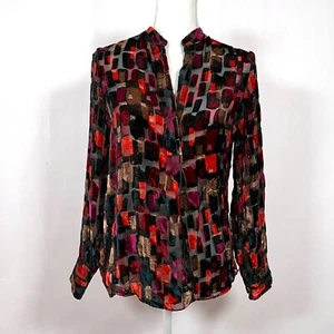 Alice & Olivia Silk Crepe Velvet Sheer Blouse Color Block Luxe Small* Burgundy - Picture 1 of 13