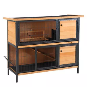 PawHut 2-Story Wooden Metal Rabbit Hutch Bunny Cage w/ Ramp Feeding Trough - Picture 1 of 11