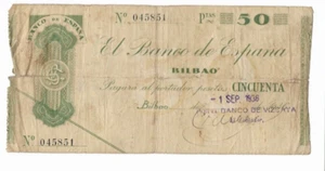ESPAÑA: 50 PESETAS BANCO DE BILBAO. AÑO 1936. SIN SERIE. RC-. DESCUIDADO. - Picture 1 of 4