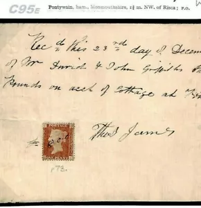GB WALES *Pontywain* 1d RED USED AS REVENUE 1868 Receipt {samwells-covers}C95e - Picture 1 of 6