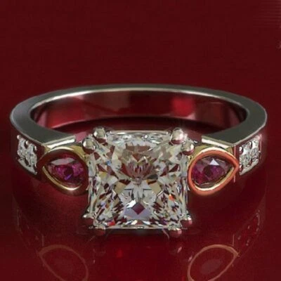 2Ct Near White Princess Moissanite Pear Ruby Engagement Ring 925 Sterling Silver - Image 1 of 3