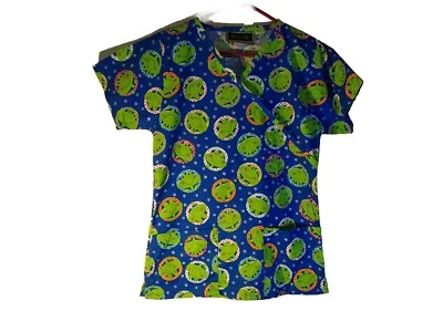Bonita Womens Medical Scrub Top Blue Green Smiley Frogs Size M New  - Image 1 of 4