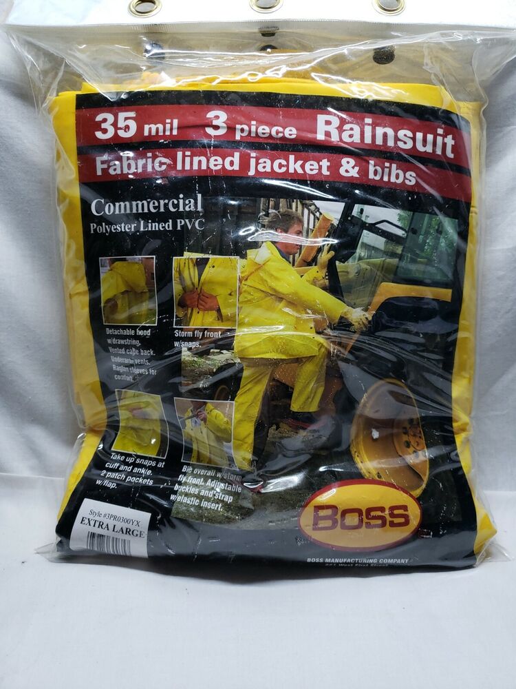 Boss Fabric Lined 3 Piece Rainsuit 35 mil Bib Jacket Hood size XL.  Yellow
