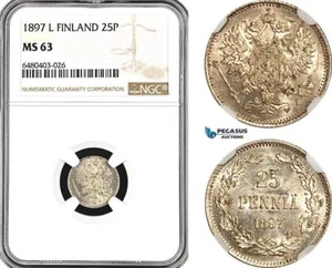 AH185, Finland, Nicholas II. of Russia, 25 Penniä 1897, Helsinki Mint, NGC MS63 - Picture 1 of 1