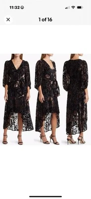 Vestido Eliza J Alto Bajo, Terciopelo Negro y Marrón Floral Burn-out, Mangas Abullonadas Nuevo con Etiquetas Talla 10 Foto 1 de 4