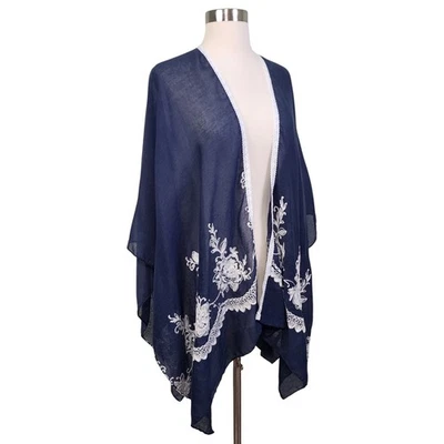 Marcus Adler Womens Embroidered Shawl One Size Blue White Semi Sheer Bohemian - Image 1 of 4