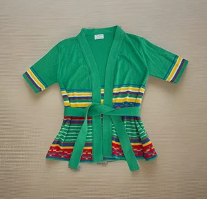 Vintage 70er Jahre Taillenbinde Strickjacke Kurzarm grün Jacke gestreift Gr. S - Bild 1 von 8