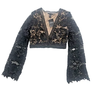 FOREVER 21 Cropped Top Longsleeve Shirt Women Medium Black Lace Bell Sleeves - Picture 1 of 4