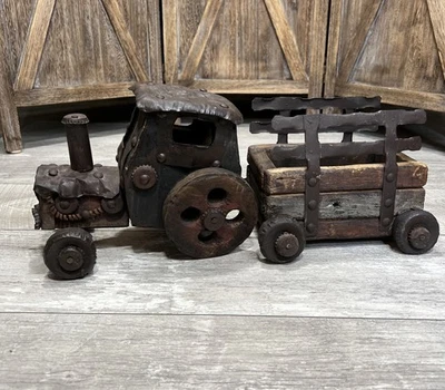 Vintage Folk Art Tractor & Wagon Made with Reclaimed Wood & Tin Primitive Decor - Image 1 of 4
