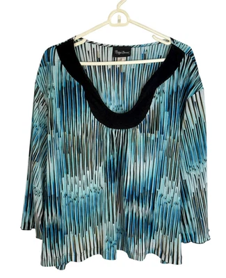 复古 Maggie Barnes 上衣,尺寸 3 x 蓝色,沿海奶奶抽象弹力 90 年代 — 第 1/4 张图片