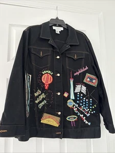 Diane’s Essentials Jeansjacke Damen 1X Schwarz Las Vegas Casino Bling Pailletten - Bild 1 von 8