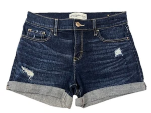 Abercrombie Kids Distressed Dark Wash Roll Cuff Jean Shorts Girls Size 15/16 EUC - Picture 1 of 9