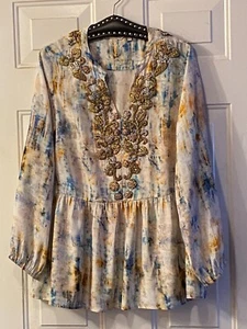 Soft Surroundings Sz M Peplum Blouse Tunic Long Sleeve Tie Dye Embellished - Picture 1 of 10